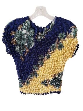 Vintage Blue Yellow Floral Print Stretchy Popcorn Stretchy Top